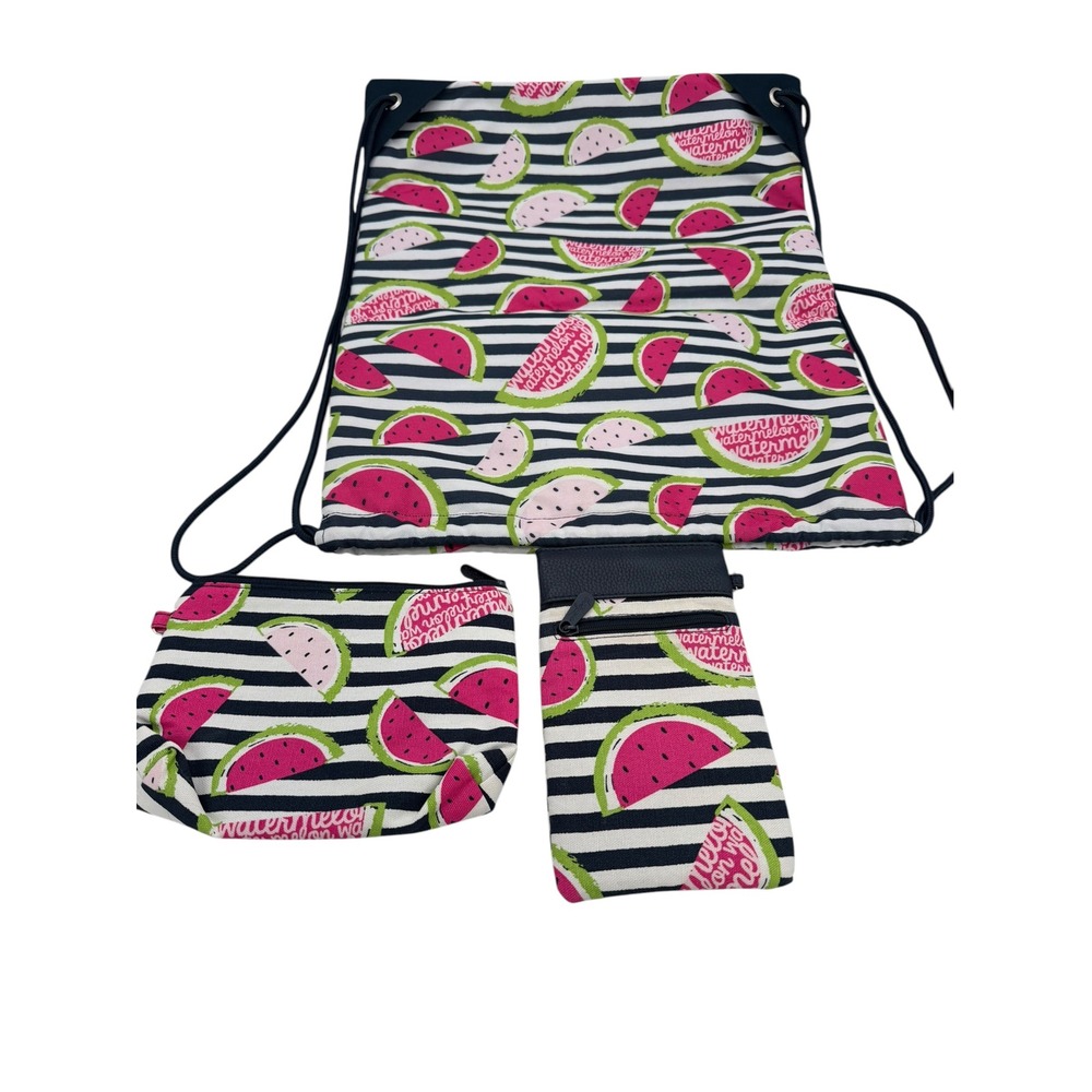 Thirty-One Watermelon Striped 3pc Set Cinch Sack Zipper Pouch Phone Crossbody